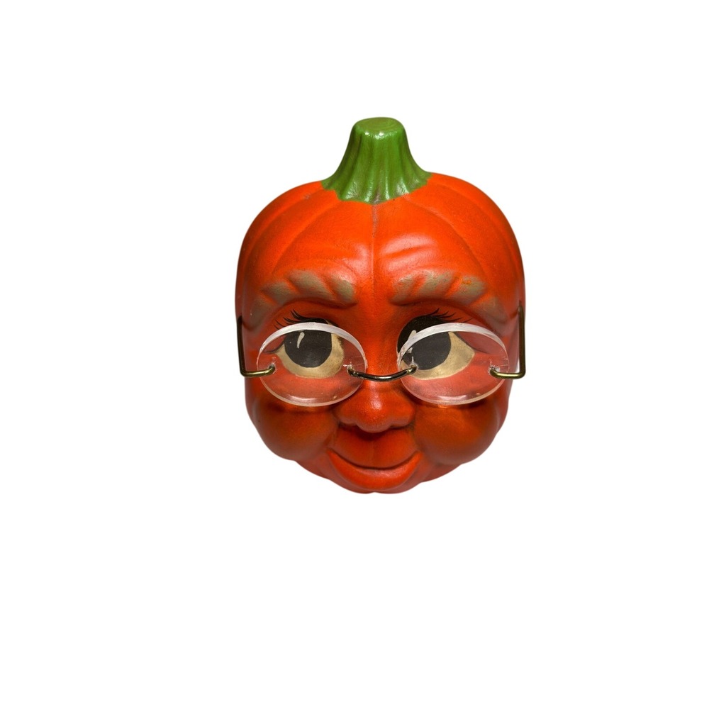 Vintage Ceramic Pumpkin Face Figurine Wire Glasses Anthropomorphic Halloween 80s